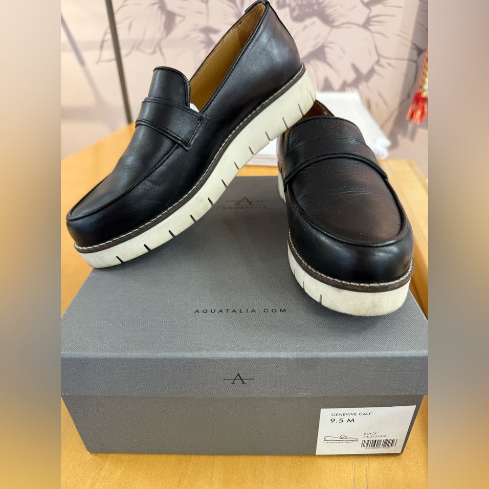 Aquatalia Black Genevive Calf Leather Flats